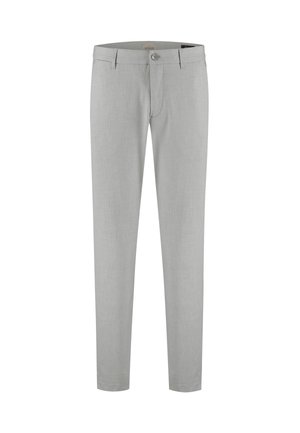 Pantaloni grigio chiaro realizzati in tessuto strutturato. Taglio slim con davanti piatto, chiusura con bottone e passanti per cintura. Senza motivi o decorazioni.