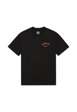 Black cotton t-shirt with short sleeves. Features red text logo on the chest. Crew neck design with a straight hem and regular fit.