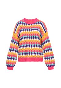 Bunter gestrickter Pullover mit einem Rautenmuster in Pink, Gelb, Violett und Blau, mit ribbedem Halsausschnitt und Bündchen.