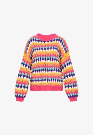 Bunter gestrickter Pullover mit einem Rautenmuster in Pink, Gelb, Violett und Blau, mit ribbedem Halsausschnitt und Bündchen.