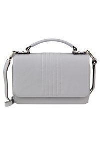 Šedá kabelka z umělé kůže se strukturovaným tvarem, s vertikálním šitím, horní rukojetí a nastavitelným ramenním popruhem.