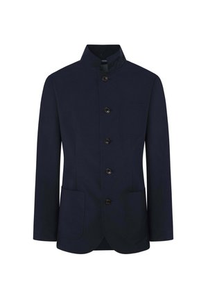 Marineblaue Jacke mit hohem Kragen, sechs Knöpfen, zwei Fronttaschen und glatter Stoffstruktur. Verfügt über einen abgerundeten Saum.