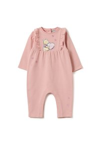 Romper de bebé de manga larga en color rosa con volantes, que presenta a Winnie the Pooh sosteniendo un corazón y pequeños corazones bordados en la parte delantera y en la pierna.