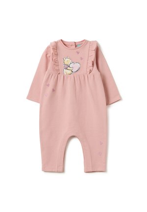 Rosa langärmliger Baby-Overall mit Rüschen, auf dem Winnie Puuh mit einem Herzen und kleinen gestickten Herzen auf der Vorderseite und dem Bein abgebildet sind.