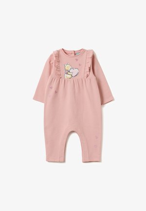 Roze babypak met lange mouwen en ruches, featuring Winnie the Pooh die een hart vasthoudt en kleine geborduurde hartjes aan de voorkant en op de pijp.