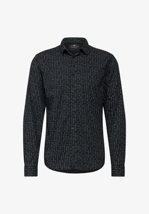 Chemise noire à manches longues avec un motif abstrait bleu clair répétitif, col classique, fermeture à boutons sur le devant et poignets avec fermetures à bouton.