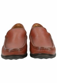 Brown leather slip-on shoes with rounded toe design, subtle stitching, and rubber soles. Smooth texture with no visible patterns.