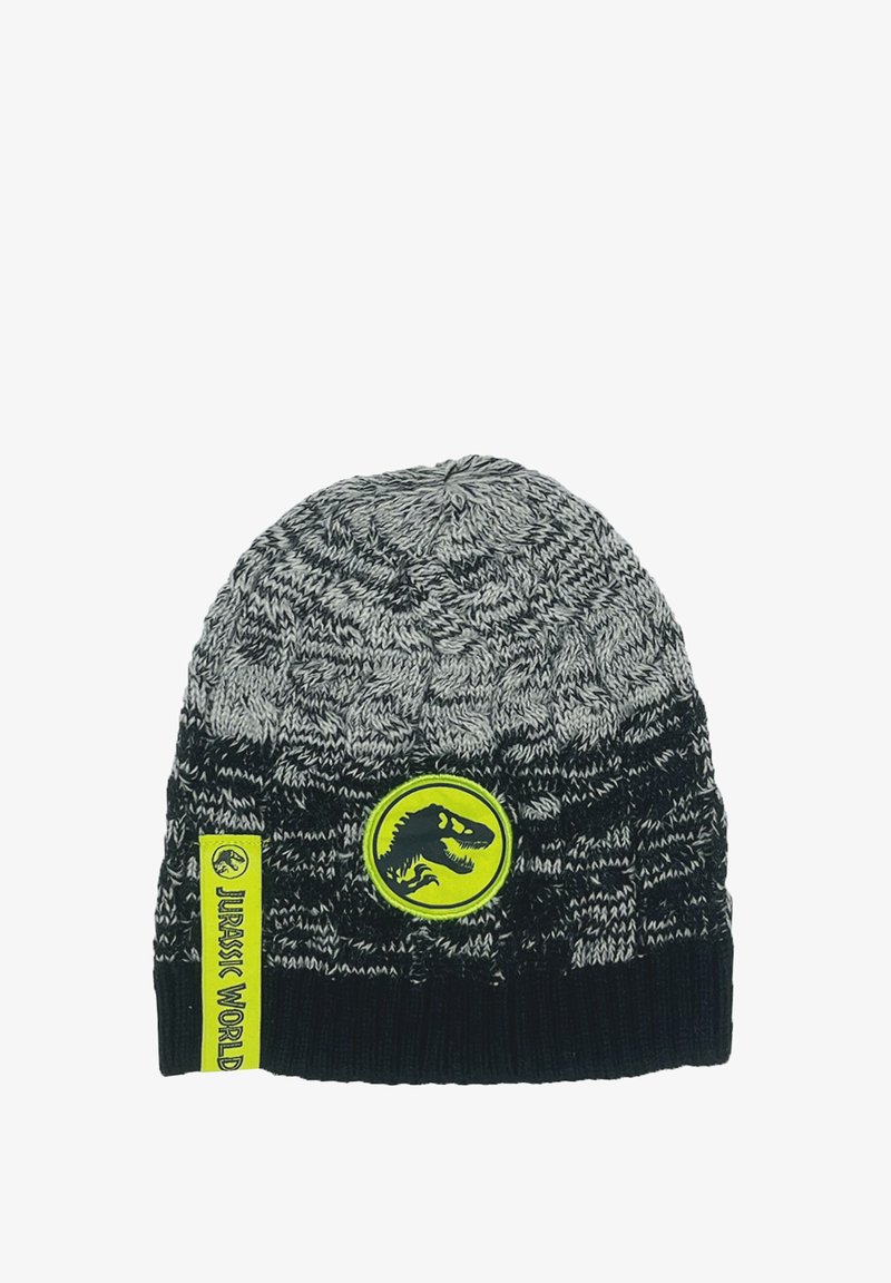 Gorro de punto en tonos grises y negros con un dobladillo grueso. Presenta un logo de dinosaurio amarillo y una etiqueta amarilla de "Jurassic World" en el costado.