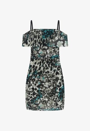 Black and teal leopard print mini dress with off-the-shoulder sleeves, ruched texture, and thin adjustable straps.