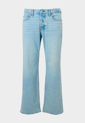 Jeans din denim bleu deschis cu un design evazat, având talie înaltă, cinci buzunare și închidere cu nasture. Textură netedă, finisaj estompat.