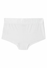 Vita högmidjade trosor med en elastisk mesh-textur och ett brett, märkespräglat midjeband. Har en slät passform utan synliga sömmar.