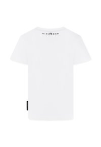 Biała koszulka z krótkim rękawem wykonana z bawełny, z okrągłym dekoltem i małym czarnym logo z tyłu w pobliżu szyi. Metka z boku.