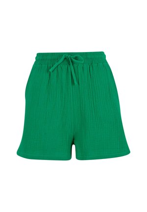 Shorts verts en tissu texturé, dotés d'une taille élastique, d'un cordon de serrage et d'une coupe décontractée avec une forme fluide et carrée.