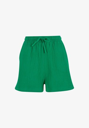Roheline lühike püksid tekstuuriga kangast, millel on elastne vöökoht, nöör ja lõdvestatud sobivus voolava, kastikujulise siluetiga.