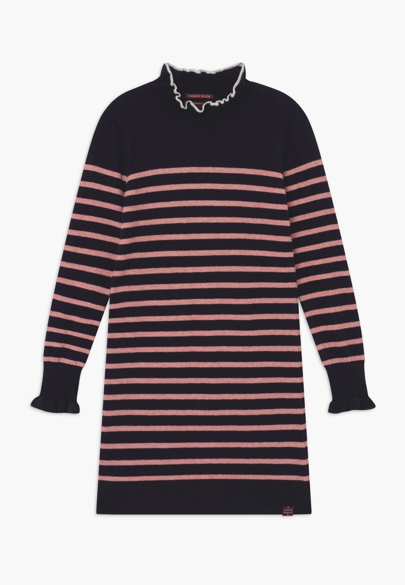 Robe en maille à manches longues avec des rayures horizontales bleu marine et roses, un col et des poignets à volants, et une petite étiquette marron à l'ourlet.