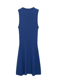 Sleeveless, knee-length dress in solid blue. Knitted fabric with a fitted bodice that flares out at the hem, featuring a crew neckline.