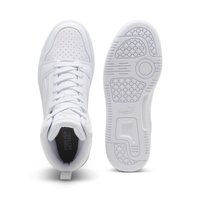 Hvite høyde sneakers med perforerte paneler, teksturert gummisåle og polstret ankelstøtte. Merking vises på tungen og sålen.