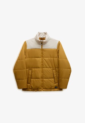 Chaqueta tipo puffer aislante en amarillo y crema, con cuello alto, cierre de cremallera en la parte delantera, patrón acolchado horizontal y bolsillos laterales.
