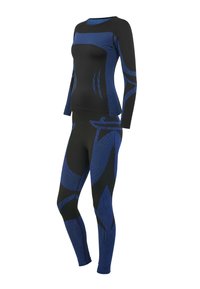Schwarz-blaues Sportoutfit mit langärmeligem Oberteil mit geometrischem Design und passenden Leggings mit auffälligen Mustern und strukturiertem Stoff.