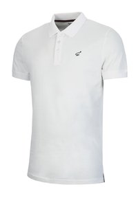 Weißes Poloshirt aus Baumwolle, mit einer zweiknöpfigen Knopfleiste, kurzen Ärmeln und einem kleinen schwarzen Logo auf der oberen linken Seite.