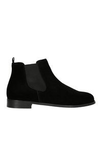 Stivali alla caviglia in suede nero con pannelli elastici laterali, punta arrotondata e tacco impilato nero, progettati per un look elegante e moderno.