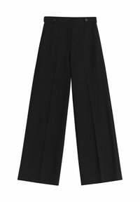 Czarne spodnie o szerokich nogawkach wykonane z gładkiego materiału, z wysokim stanem i dwoma guzikami z przodu. Brak widocznych kieszeni lub wzorów.