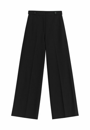 Svarta vida byxor i ett slätt tyg, med hög midja och två knappar framtill. Inga fickor eller mönster synliga.