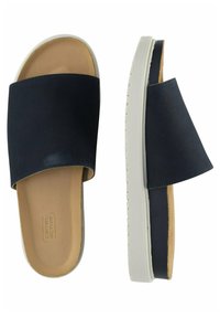 Navy slide sandals with a smooth upper strap, cushioned tan insole, and white rubber sole featuring a textured grip pattern.