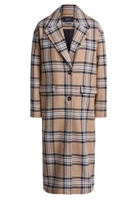 Manteau à carreaux beige avec des lignes bleu marine et blanches, fabriqué en tissu doux, avec un col cranté, un bouton unique et des poches avant.