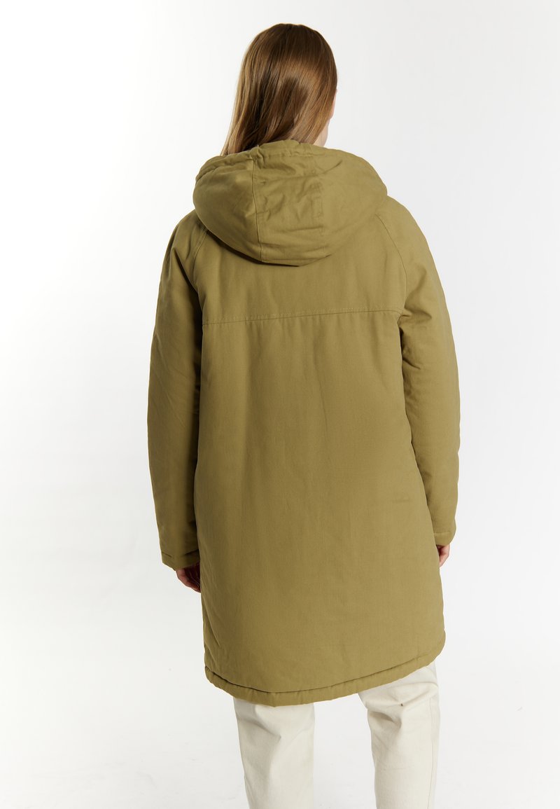 Khaki Parka-Jacke mit Kapuze, mit lockerer Passform, langen Ärmeln und einer glatten, matten Textur. Es gibt eine Naht entlang des Rückens.