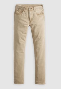 Jeans de mezclilla beige con corte recto, cinco bolsillos, cierre de botón y costuras en contraste. Textura suave con un ligero estiramiento.