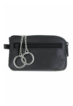 Pochette à clés en cuir noir avec poche avant zippée, deux anneaux de clés argentés attachés et motif de lézard embossé dans le coin inférieur droit.