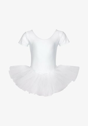 Justaucorps de ballet blanc à manches courtes avec tutu en tulle superposé intégré, conçu pour la danse ou les spectacles.
