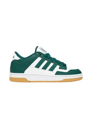 Sneaker verde e bianco realizzato in materiali in pelle e gomma. Presenta tre strisce bianche, punta rotonda e suola in gomma color gomma.