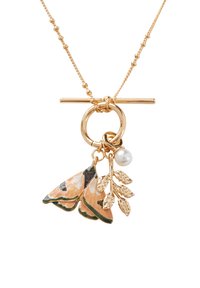 Gold necklace featuring a toggle clasp, with two enamel moth charms, one leaf charm, and a pearl accent.