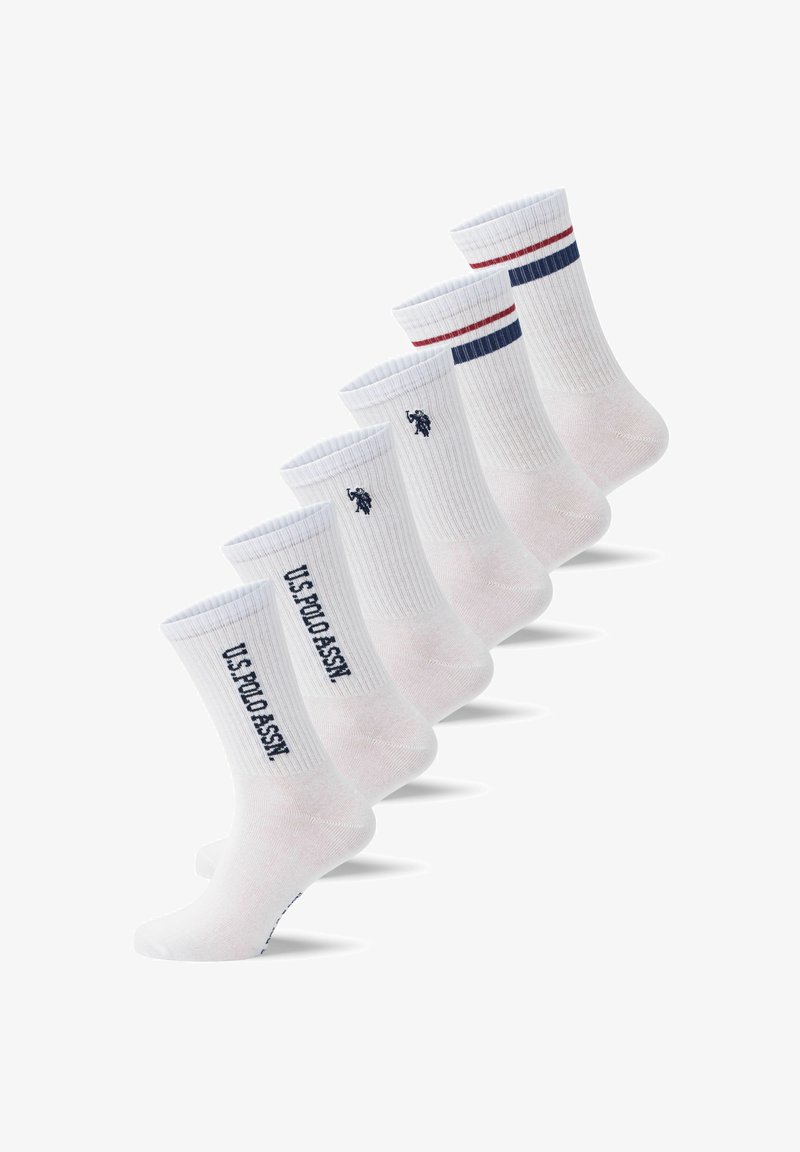 Valged sokid ribakoeega, mille ülaosas on mereväe ja punased triibud ning "U.S. Polo Assn." logo mereväe värvuses. Komplekt viiest sokist.