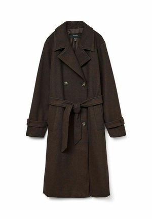 Trench coat in misto lana marrone con design doppiopetto, ampi revers, vita con cintura e polsini abbottonati. Include due tasche laterali.