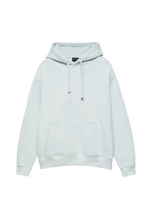 Sweat à capuche bleu clair avec cordons et poche kangourou sur le devant, posé à plat sur un fond blanc.