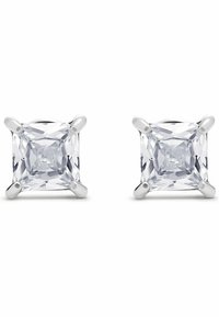 Orecchini a bottone quadrati con pietre trasparenti e sfaccettate montate in griffe argentate lucide, caratterizzati da un design elegante e minimalista.