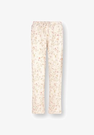 Cream-colored pants with elastic waist and drawstring, featuring a delicate multicolor floral pattern.