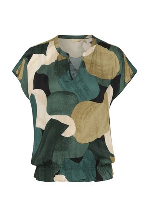 Blouse à manches courtes avec un motif abstrait vert, noir et beige. Tissu léger et texturé avec une coupe décontractée et un col en V. Ourlet élastique.