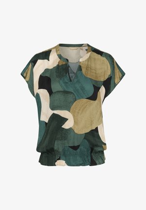 Korte mouwen blouse in een abstract patroon van groen, zwart en beige. Lichtgewicht, textiel met een losse pasvorm en V-hals. Elastische zoom.