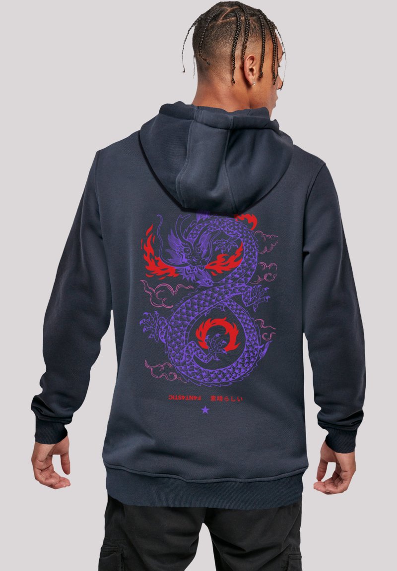 Navy hoodie featuring a large, multicolored dragon graphic on the back with red flames and stylized text at the bottom. Cotton blend material.