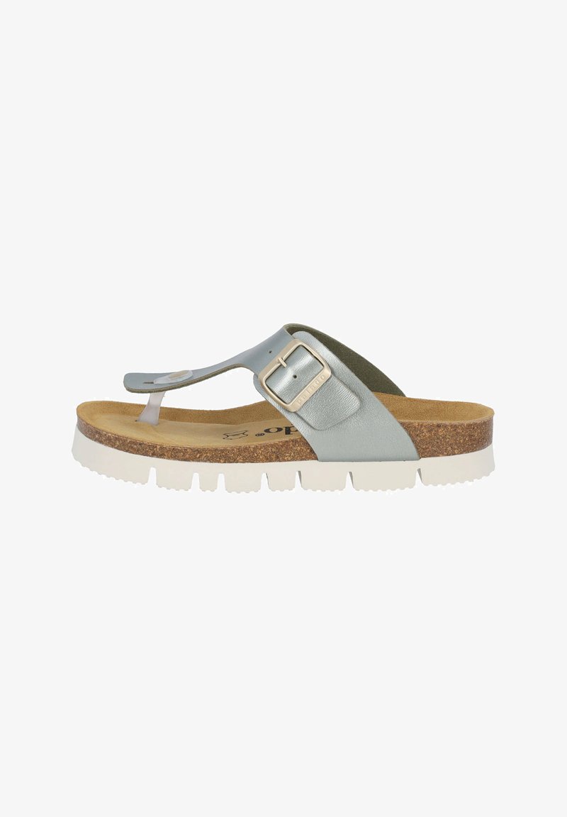 Ljusblå läderflip-flop sandal med korkfodral, vit texturerad sula och silverfärgad justerbar spänne.