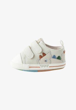 Sneaker per bambini grigio chiaro con due fasce in velcro, caratterizzato da un design di dinosauro in applicazione testurizzata e una suola a strisce colorate.