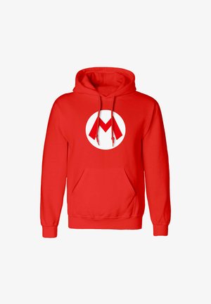 Felpa rossa con cappuccio, tasca a marsupio frontale e logo circolare bianco con una "M" rossa stilizzata sul petto.