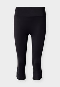 Μαύροι κάπρι κολάν από λεία, ελαστική ύλη. Διαθέτουν ψηλή μέση και ελαφριά ρυτιδωτή λεπτομέρεια στο τελείωμα.