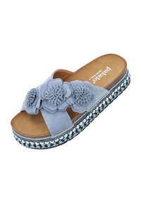 Light blue platform sandal with floral embellishments. Suede upper, soft insole, and woven textured sole with decorative beads.