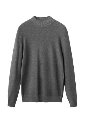 Grå strikket sweater med høj hals, lange ærmer og ribkant. Tekstureret stof med en løs pasform og ingen synlige mønstre eller detaljer.
