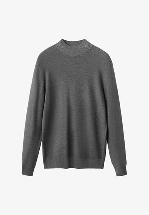 Suéter gris de punto con cuello alto, mangas largas y bajo acanalado. Tejido texturizado con un ajuste holgado y sin patrones ni acentos visibles.